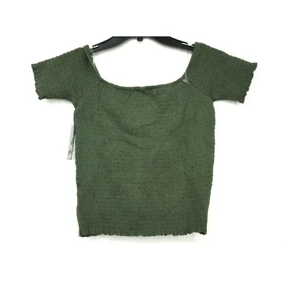 BP Womens Smocked Off the Shoulder Top Short Sleeve Stretchy Knit Cotton Green L - Picture 2 of 6